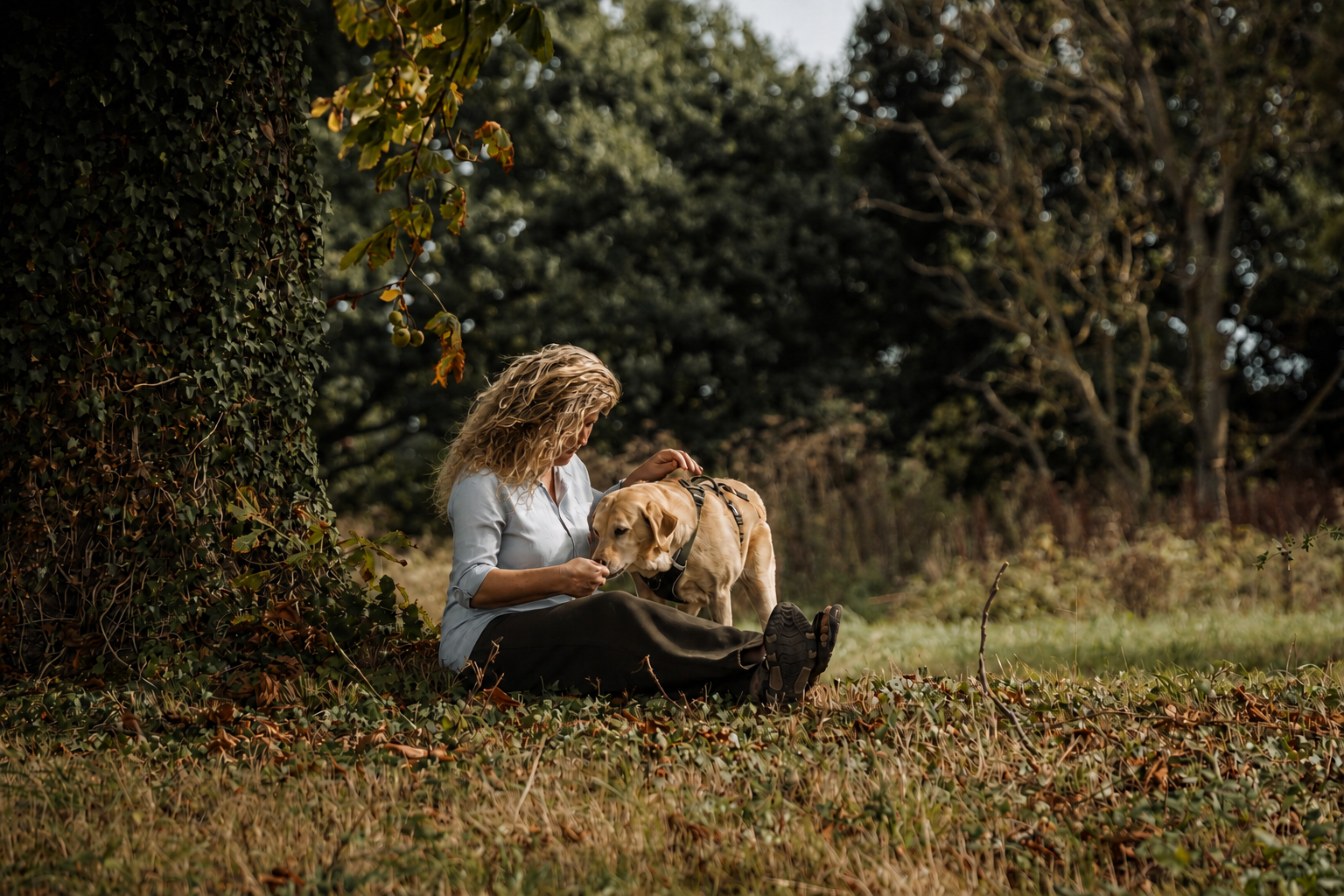 Laura sitting with a dog in a quiet woodland setting